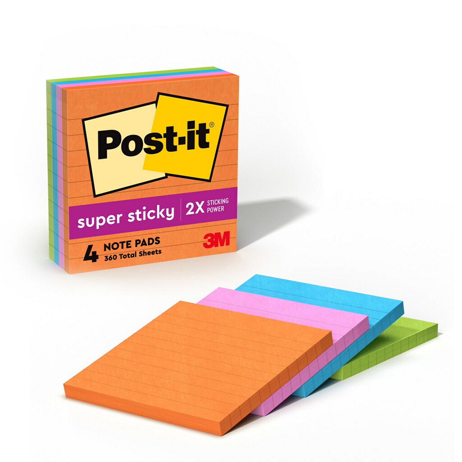Post-it Super Sticky Notes, 4 x 4, Energy Boost Collection, Lined, 90 Sheet/Pad, 4 Pads/Pack (675-4SSUC)