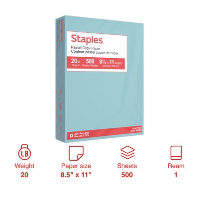 Staples Pastel 30% Recycled Color Copy Paper, 20 lbs., 8.5" x 11", Blue, 500/Ream (14786)