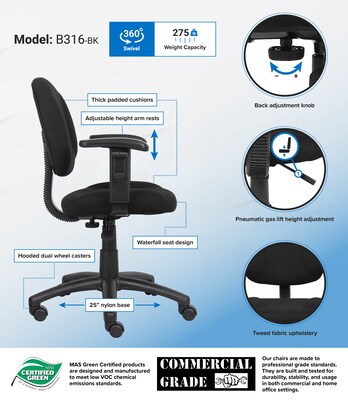 Boss Perfect Posture Deluxe Office Task Chair with Adjustable Arms, Black (B316-BK)