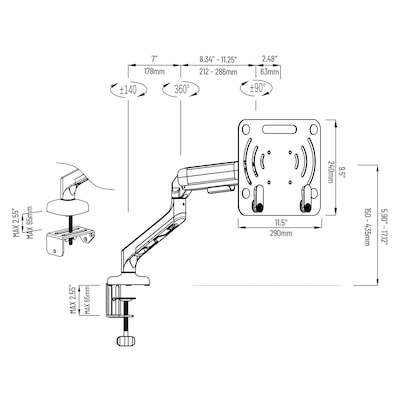Mind Reader Adjustable Gas Spring Laptop Desk Mount, Fits 11.6 - 17.3" Laptops or Monitors, Black, (GARLAP-BLK)
