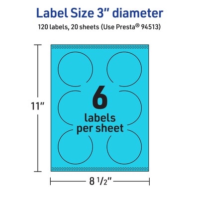 Avery Laser/Inkjet Multipurpose Circle Labels, 3" Dia., Bright Blue, 120/Pack (94513)