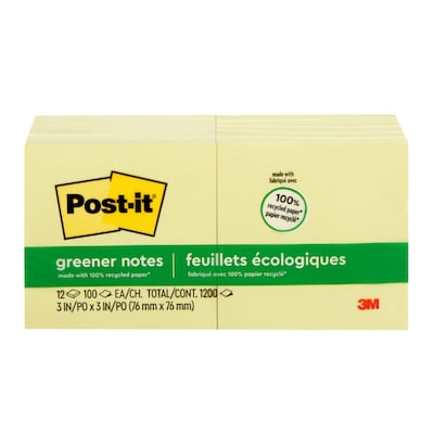 Post-it Greener Recycled Notes, 3 x 3, Canary Collection, 100 Sheet/Pad, 12 Pads/Pack (654-RP-YW)