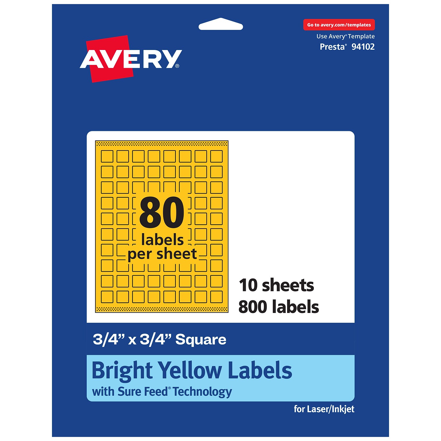 Avery Laser/Inkjet Square Multipurpose Labels, 0.75 x 0.75, Bright Yellow, 800/Pack (94102)