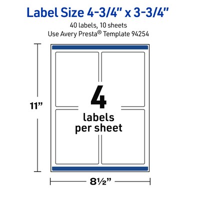 Avery Rectangle Laser Multipurpose Labels, 4.75" x 3.75", White, 40/Pack (19479399356)