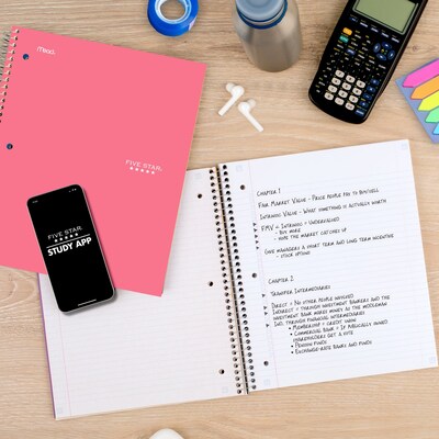Five Star Spiral Notebook Plus Study App, 5 Subject, College Ruled, 8.5" x 11", Prom Pink (820004R)