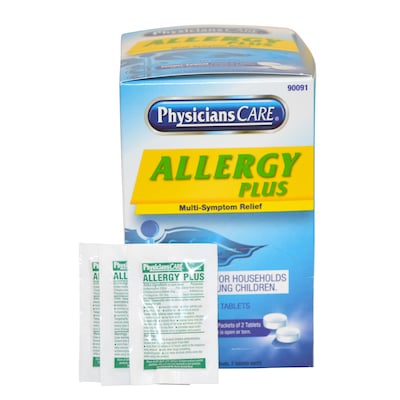 Physicians Care Allergy Plus Multi-Symptom Relief Tablets, 4 Hours, 2/Packet, 50 Packets/Box (90091)