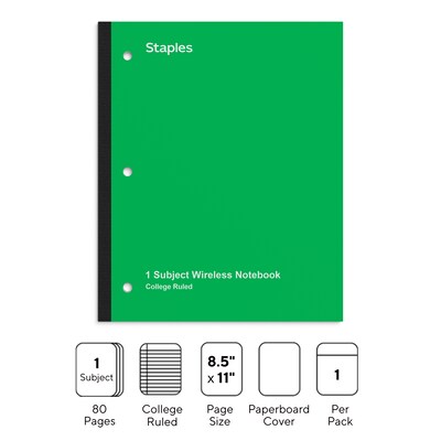 Staples Wireless 1-Subject Notebook, 8.5" x 11", College Ruled, 80 Sheets, Green (ST58380C)