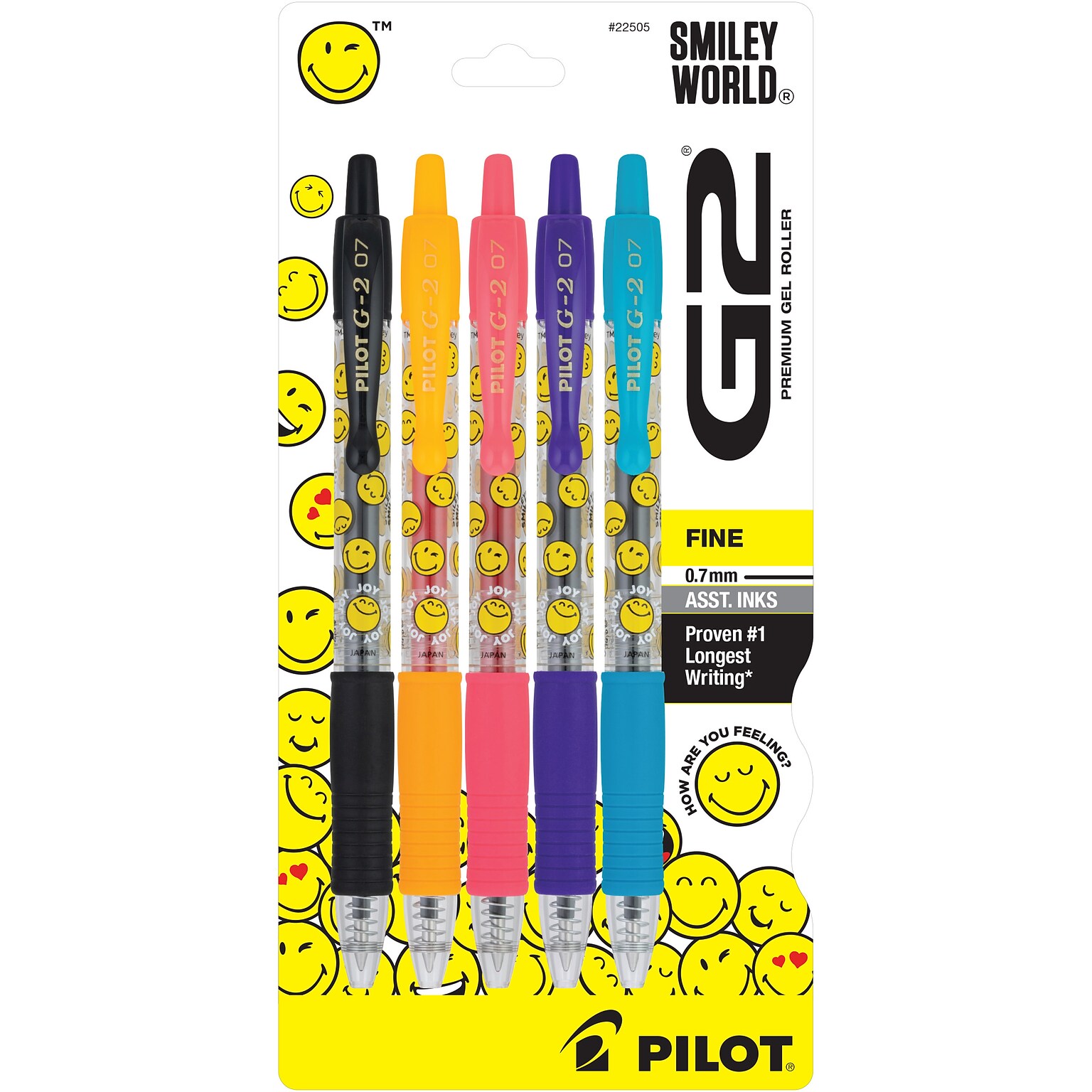 Pilot G2 SmileyWorld Retractable Gel Pen, Fine Point, 0.7mm, Assorted Ink, 5 Pack (G2HC5004F)