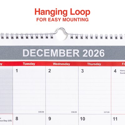 2026 Staples 15.5" x 22.75" Monthly Wall Calendar, White/Red/Gray (ST53925-26)