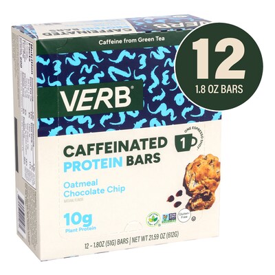 VERB Caffeinated Gluten Free Oatmeal Chocolate Chip Protein Bar, 1.8 oz., 12/Pack (220-02523)