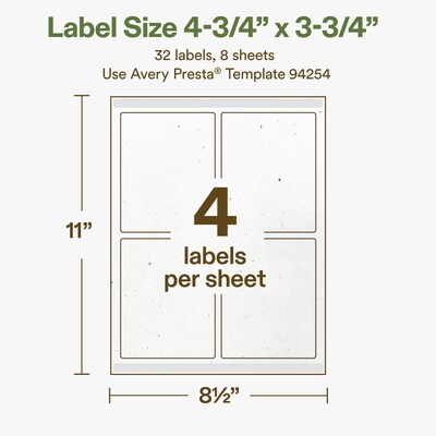 Avery Hemp Rectangle Laser/Inkjet Multipurpose Labels, 4-3/4" x 3-3/4", Off-White (32/Pack)