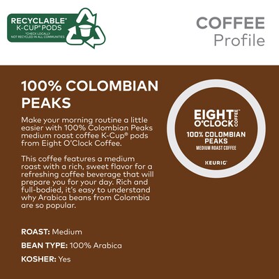 Eight O'Clock Colombian Coffee Keurig® K-Cup® Pods, Medium Roast, 24/Box (6407)