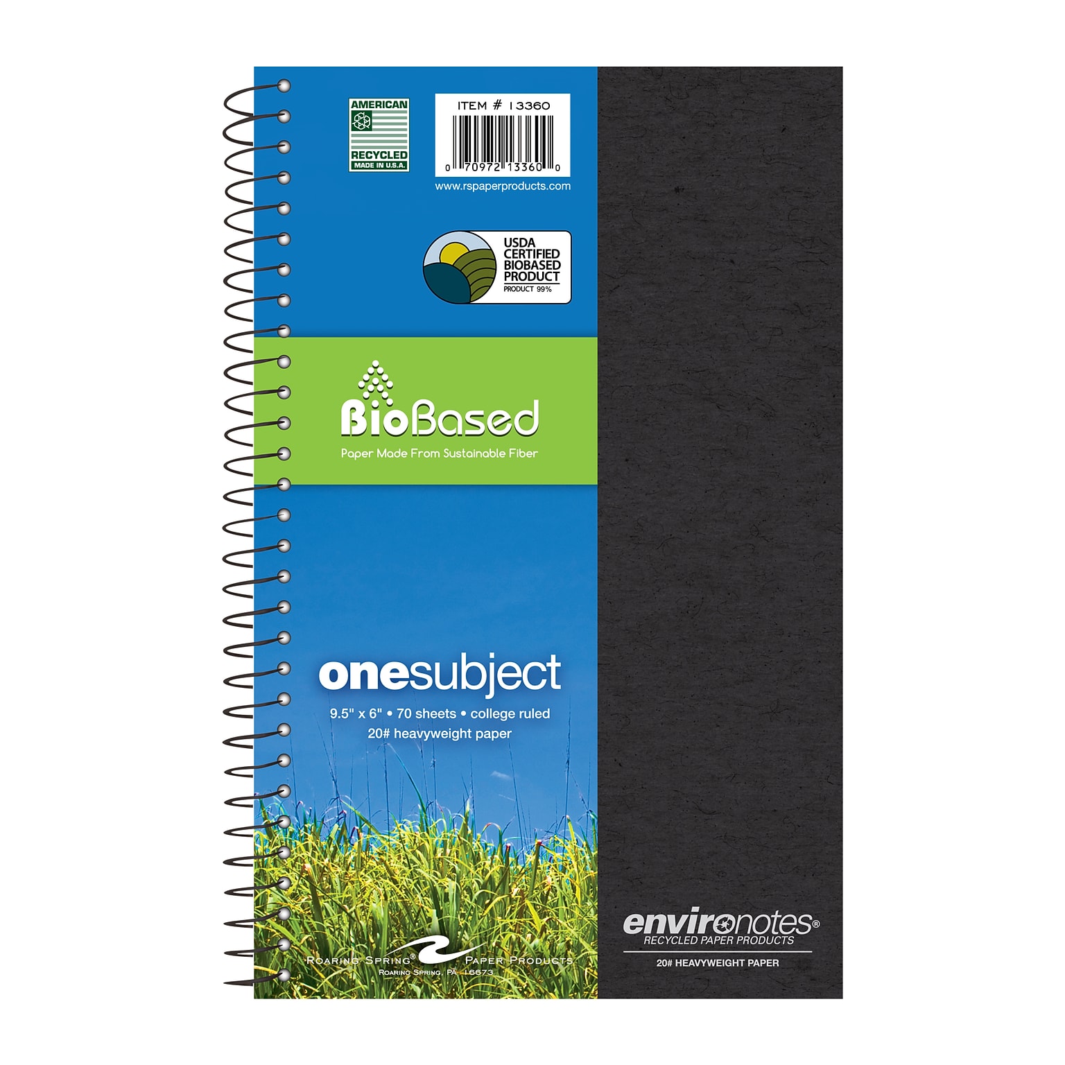 Roaring Spring Paper Products BioBased 1-Subject Notebooks, 6 x 9.5, College Ruled, 70 Sheets, Color Chosen at Random (13360)