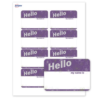 Avery Adhesive Name Tags, Pre-printed Purple & Silver Hello Design
