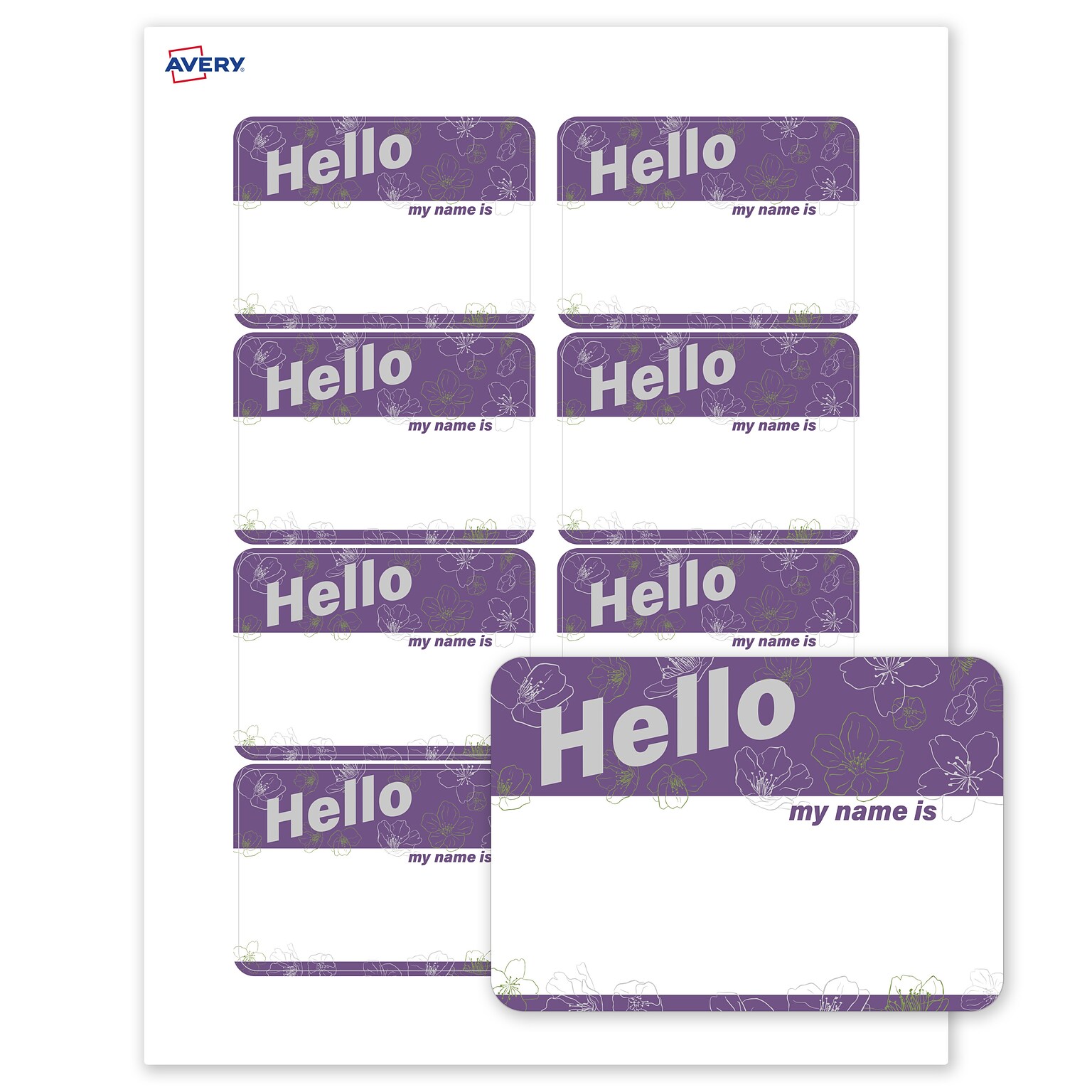 Avery Adhesive Name Tags, Pre-printed Purple & Silver Hello Design