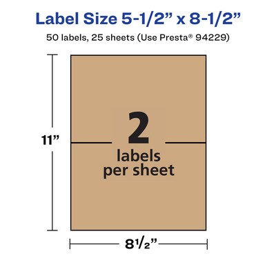 Avery Laser/Inkjet Rectangle Multipurpose Labels, 5.5" x 8.5", Kraft Brown, 50 Labels/Pack ( 94229)