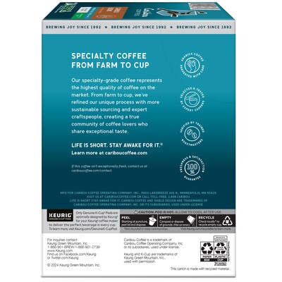 Caribou Coffee Caribou Blend Decaf Coffee Keurig® K-Cup® Pods, Medium Roast, 0.41 oz., 24/Box (6995)