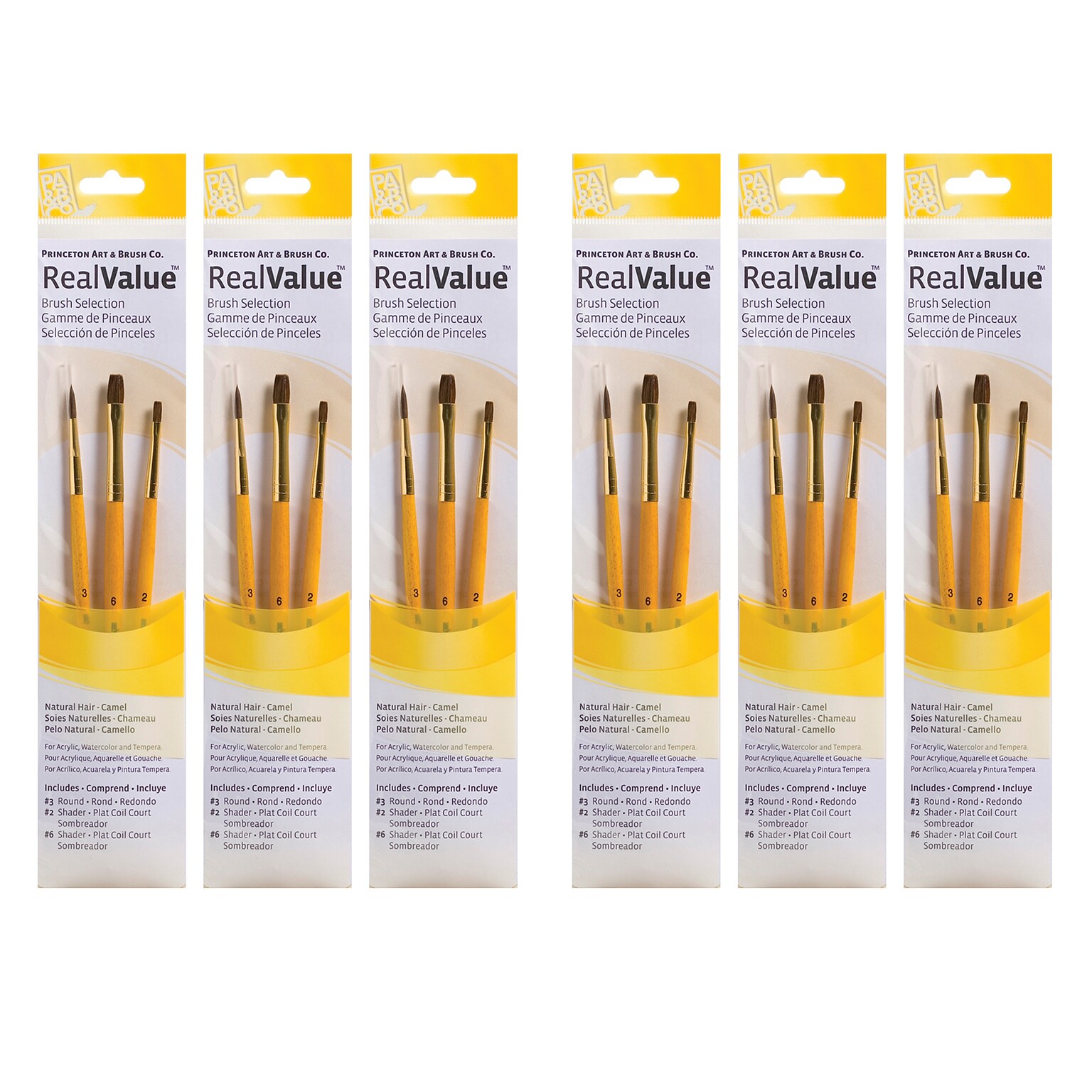 Princeton RealValue Mixed Media Natural Camel Variety Brush Set, Assorted, 3/Set, 6 Sets/Bundle (PBXPR9101-6)
