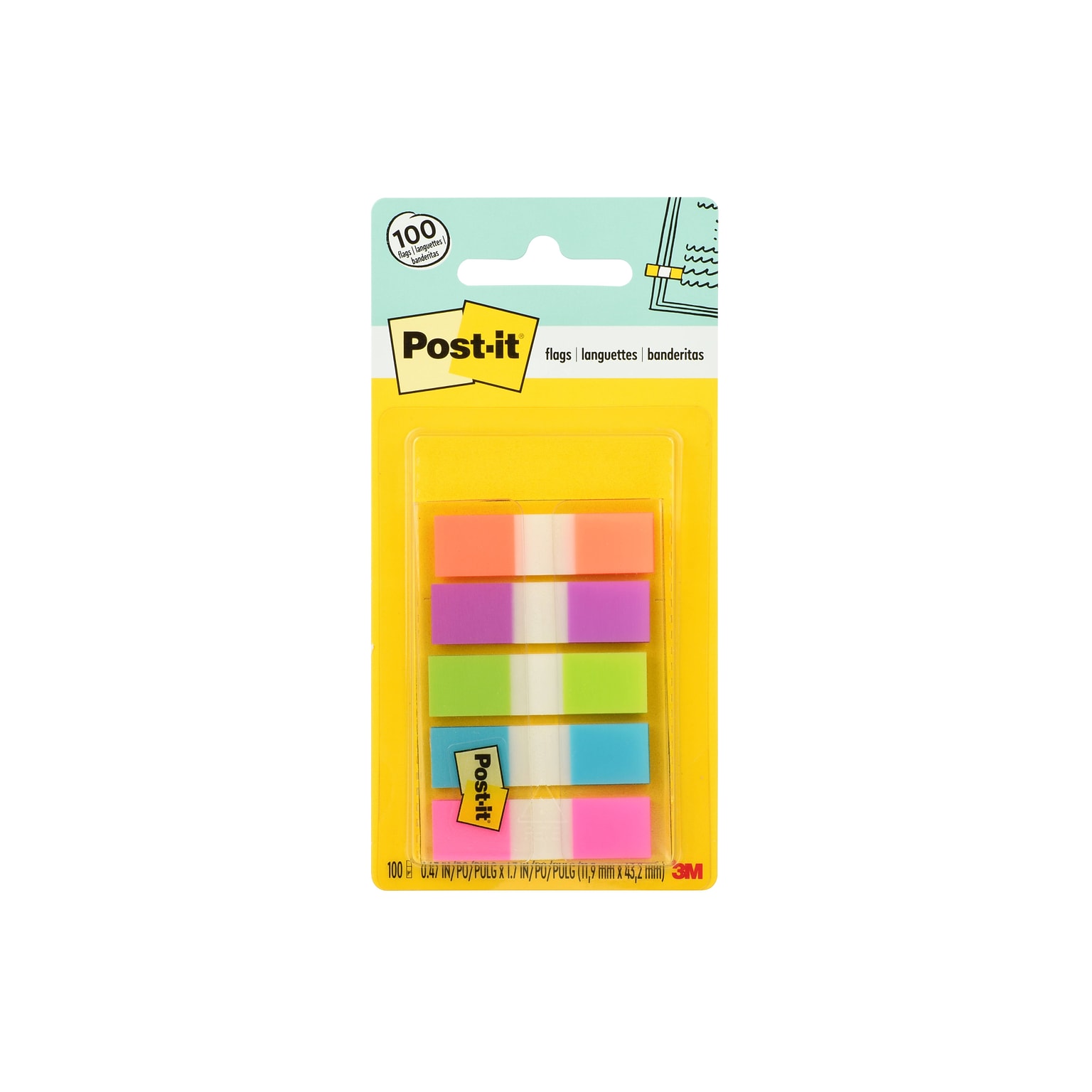 Post-it® Flags, 0.5 Wide, Assorted Bright Colors, 100 Flags/Pack (683-5CB2)