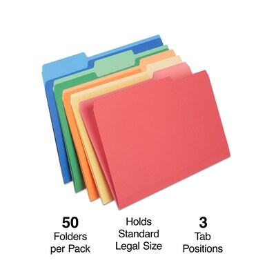 Staples® Heavyweight File Folders, 1/3 Cut Tab, Legal Size, Assorted Colors, 50/Box (TR18366)