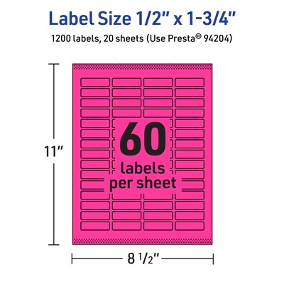 Avery Laser/Inkjet Rectangle Multipurpose Labels, 0.5" x 1.75", Neon Magenta, 1200/Pack (94204)