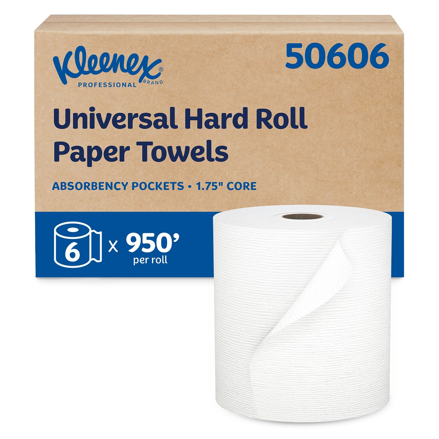Kleenex Essential Plus+ Recycled Hardwound Paper Towels, 1-ply, 600 ft./Roll, 6 Rolls/Carton (50606)