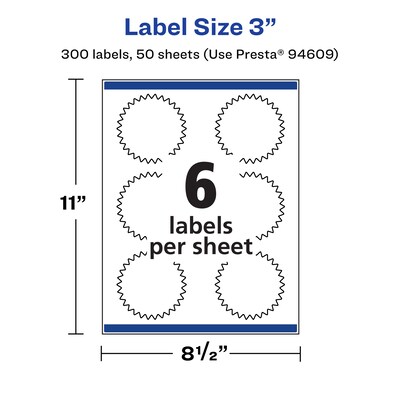 Avery Laser/Inkjet Starburst Waterproof Multipurpose Labels, 3"  Dia, White, 300/Box (94609)