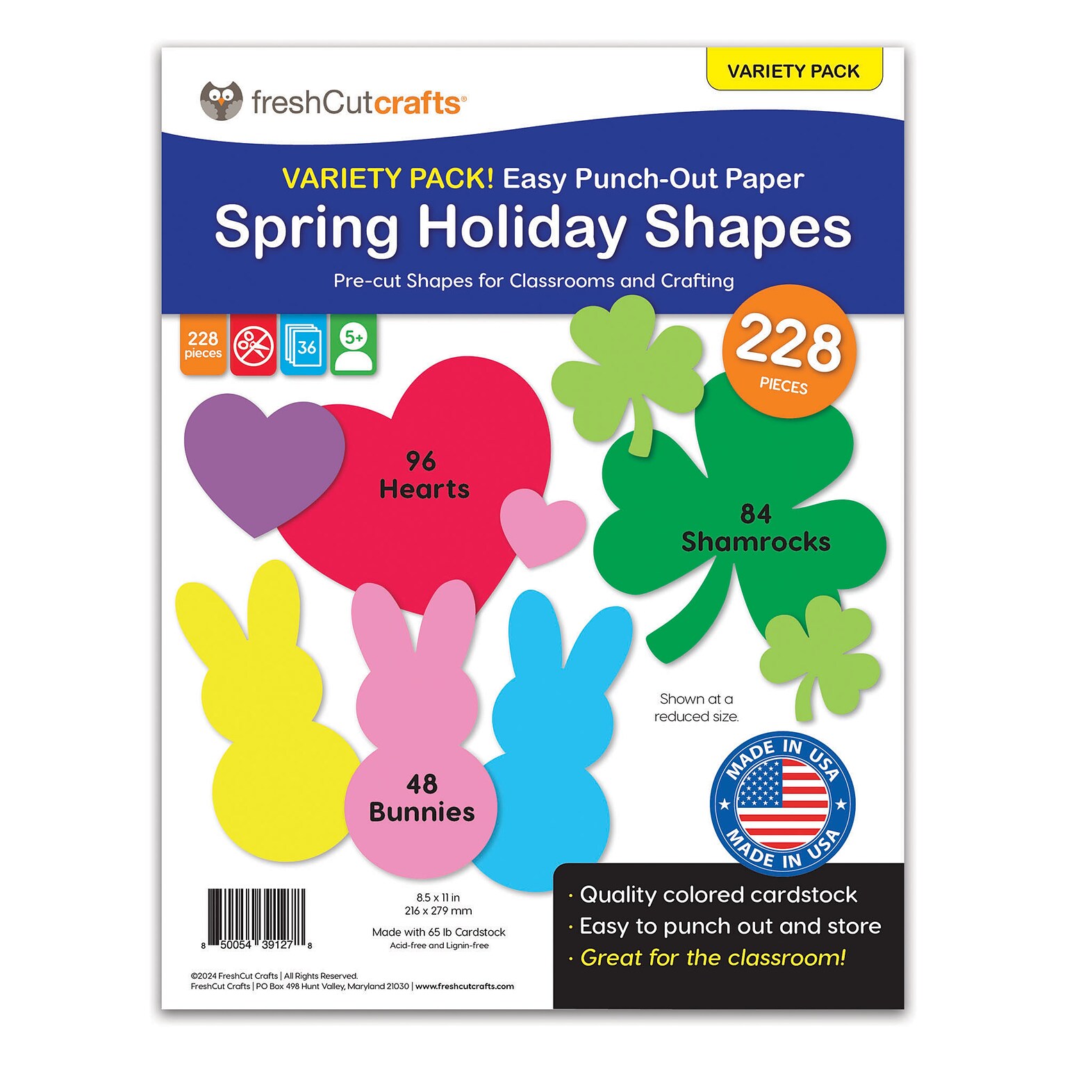 FreshCut Crafts Punch Out Paper Cutouts, Spring Holiday Shapes, Valentine Hearts, Shamrocks, 228 Pieces (FCC850054391278)