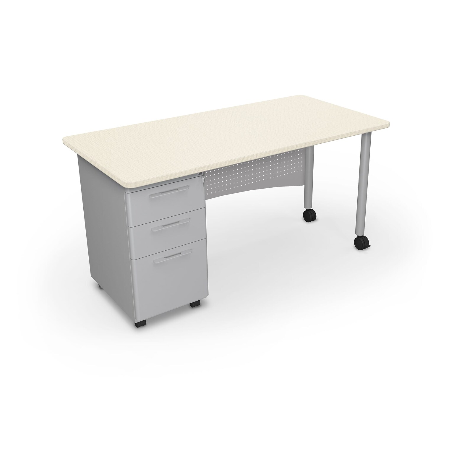 MooreCo Avid Single-Pedestal Teacher Desk, 60 W x 30D, Neutral Weft/Platinum Base (703673563048)