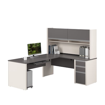 Bestar Connexion 72W L Shaped Desk with Drawers, Hutch, and Keyboard Tray, Slate (93859-59)