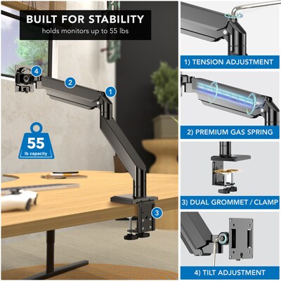Mount-It! Adjustable Single Monitor Desk Mount with Gas Spring Arm, Up to 57" Monitor, Black (MI-4891)