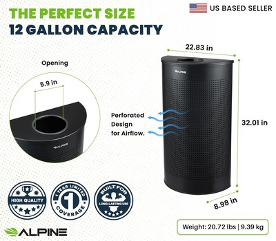 Alpine Industries Stainless Steel Trash Can, 12 Gallon, Black (ALP438-12HR-BLK)