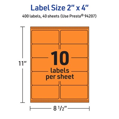 Avery Laser/Inkjet Multipurpose Rectangle Labels, 2" x 4", Bright Orange, 400/Pack (94207)