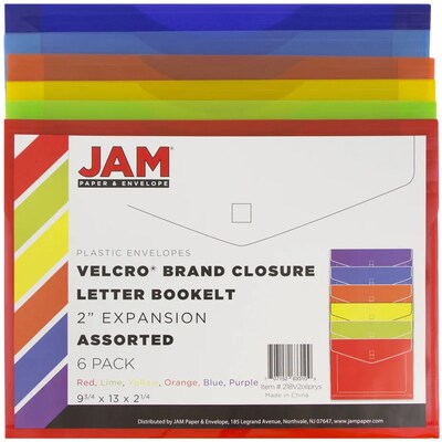 JAM Paper Plastic Hook & Loop Envelopes, 9.8 x 13, Multicolored, Assorted Colors, 6/Pack (218V2OLIPRYSA)