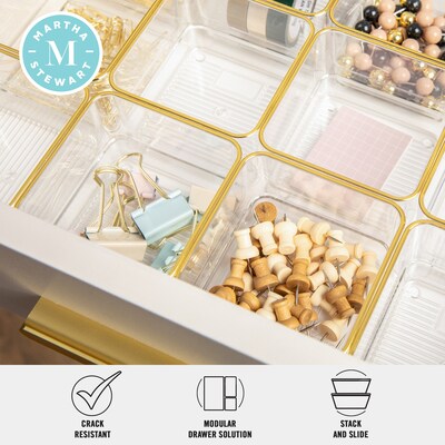 Martha Stewart Kerry Plastic Stackable Office Desk Drawer Organizer, Clear/Gold, 12/Set (BEPB9052G12CGD)