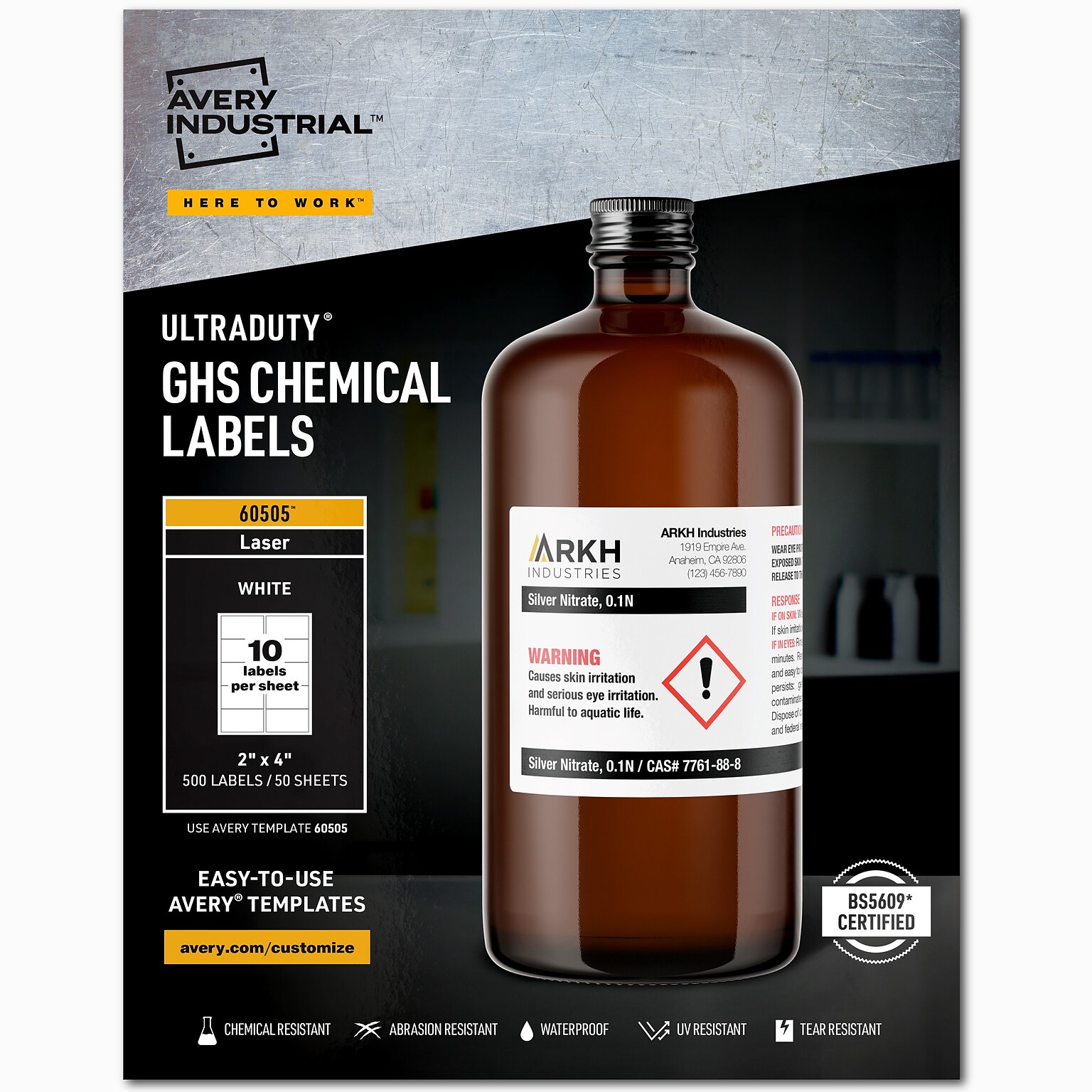 Avery UltraDuty Waterproof Laser GHS Chemical Labels, 2 x 4, White, 500 Labels/Box (60505)
