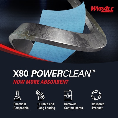 WypAll PowerClean X80 Fabric Cleaning Wipers, 16.8" x 12.5", Blue, 152 Wipers/Box (41041)