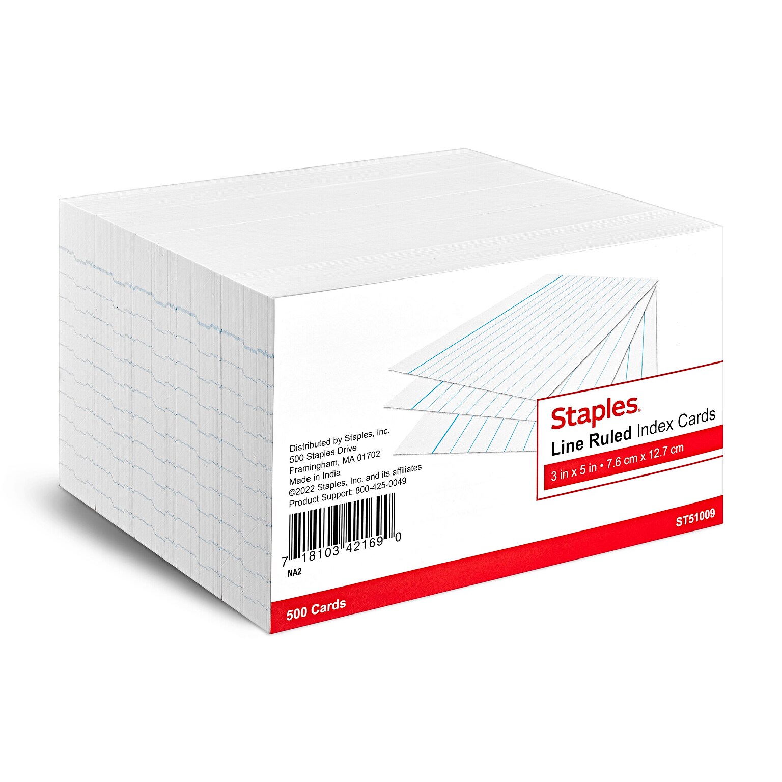 Staples 3 x 5 Index Cards, Lined, White, 500/Pack (TR51009)