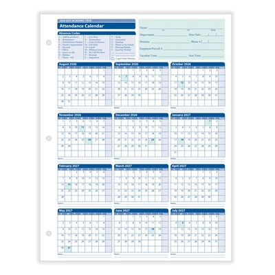 ComplyRight 2026-2027 Academic Year Attendance Calendar Cards, 50/Pack (A43005015)