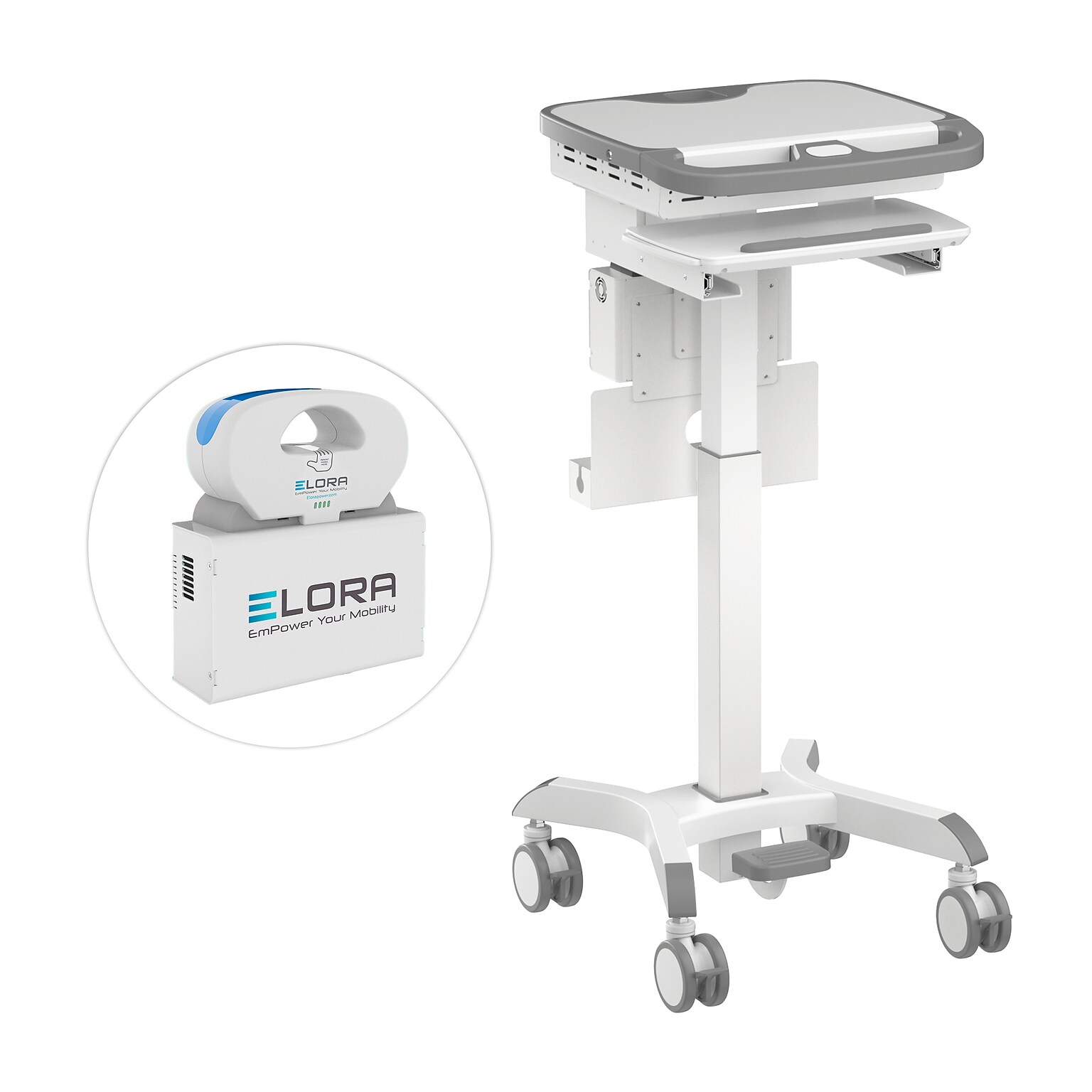 Mount-It! MedHub Powered Height-Adjustable Medical Cart Workstation with Power Kit & Built-In Power Strip, White/Gray (MI-16056)