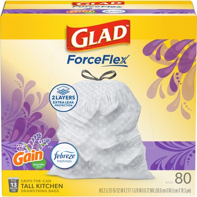 Glad ForceFlex Tall 13 Gallon Drawstring Kitchen Trash Bag, Gain Lavender with Febreze Freshness, White, 80 Total Bags (78533)