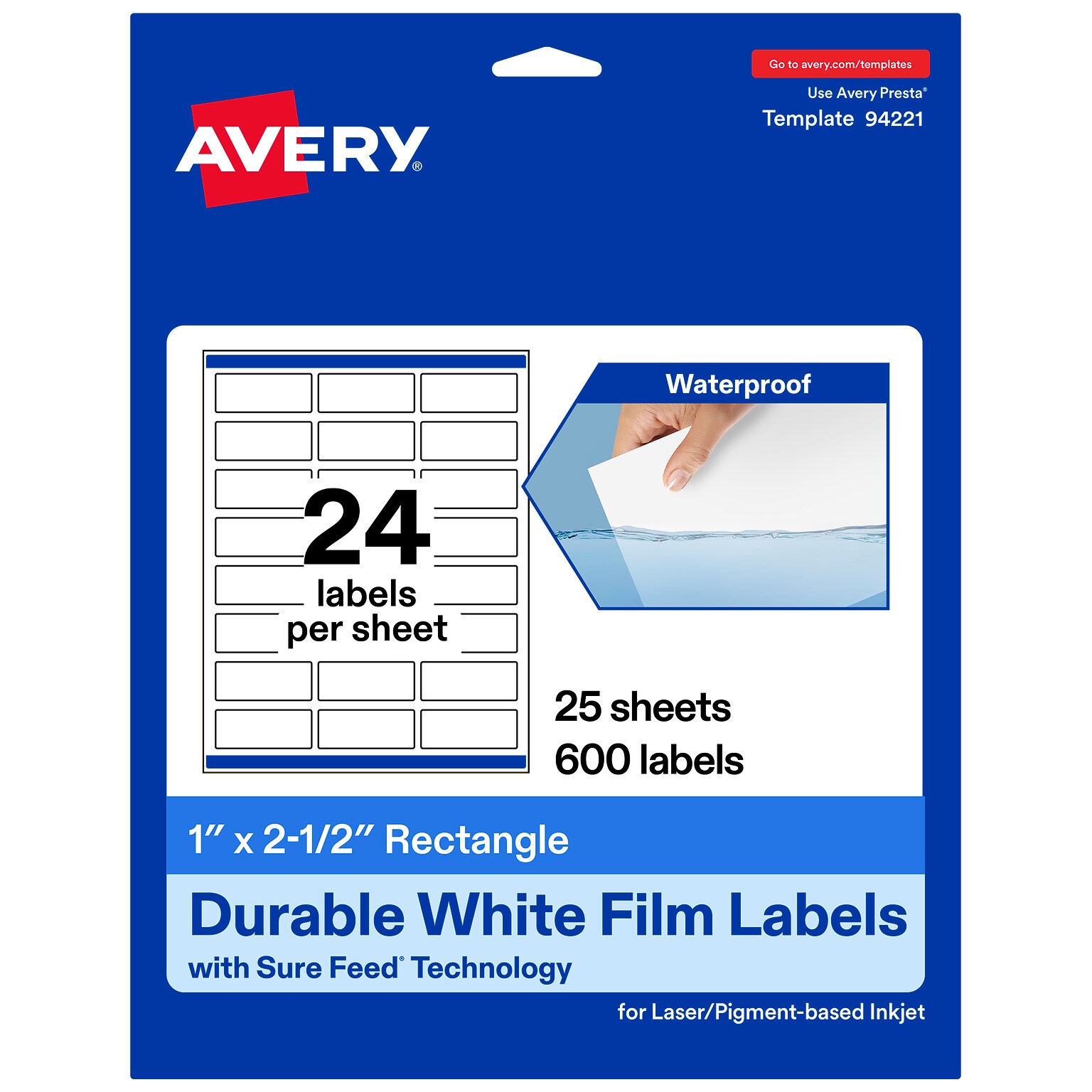 Avery Laser/Inkjet Rectangle Waterproof Multipurpose Labels, 2.5  x 1, White, 600/Pack (94221)