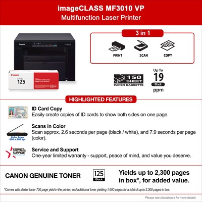 Canon imageCLASS MF3010 VP Black & White Laser Printer, All-In-One, Print, Scan, Copy (5252B037)