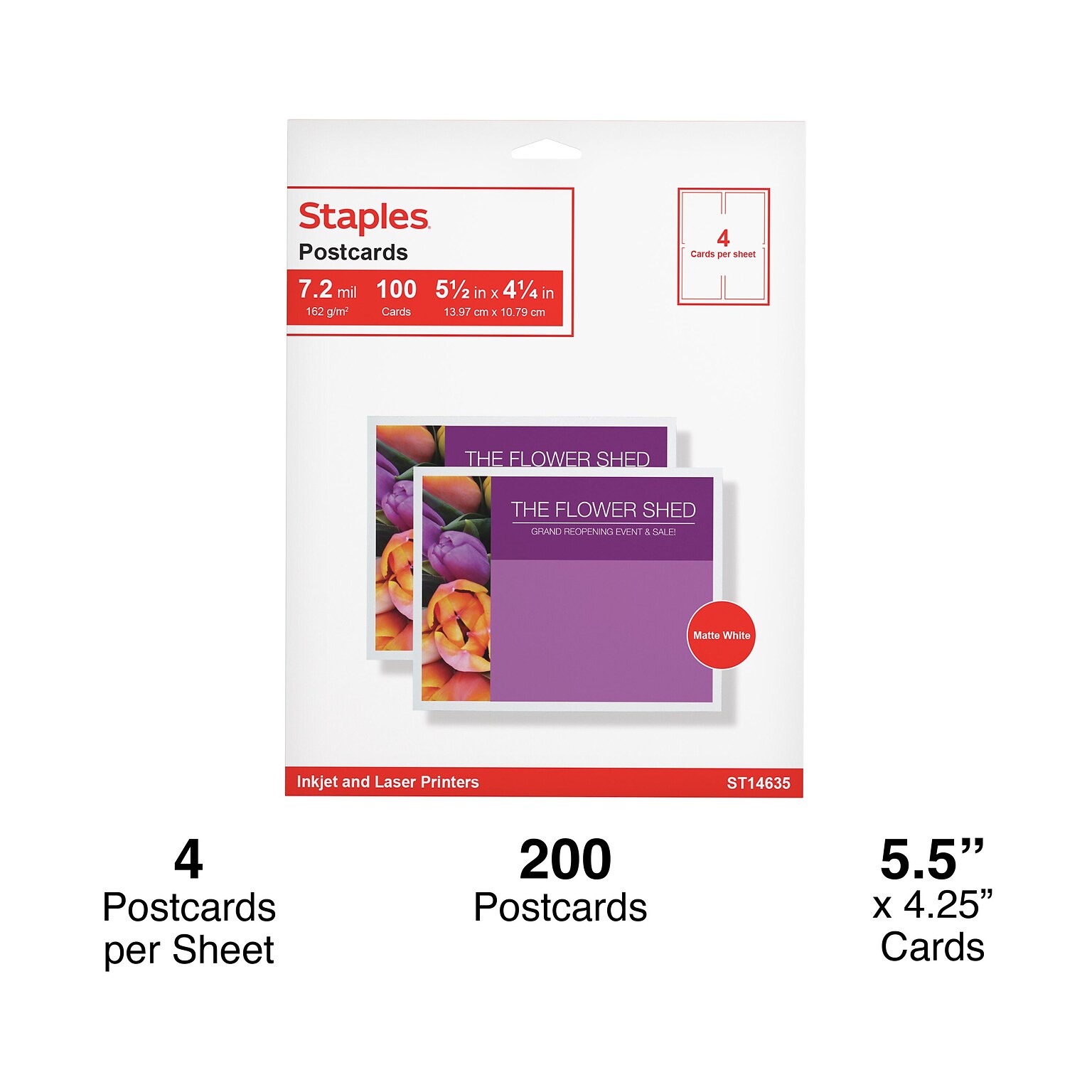 Staples® Matte Postcards, 5.5 x 4.25, White, 200/Box (12496)