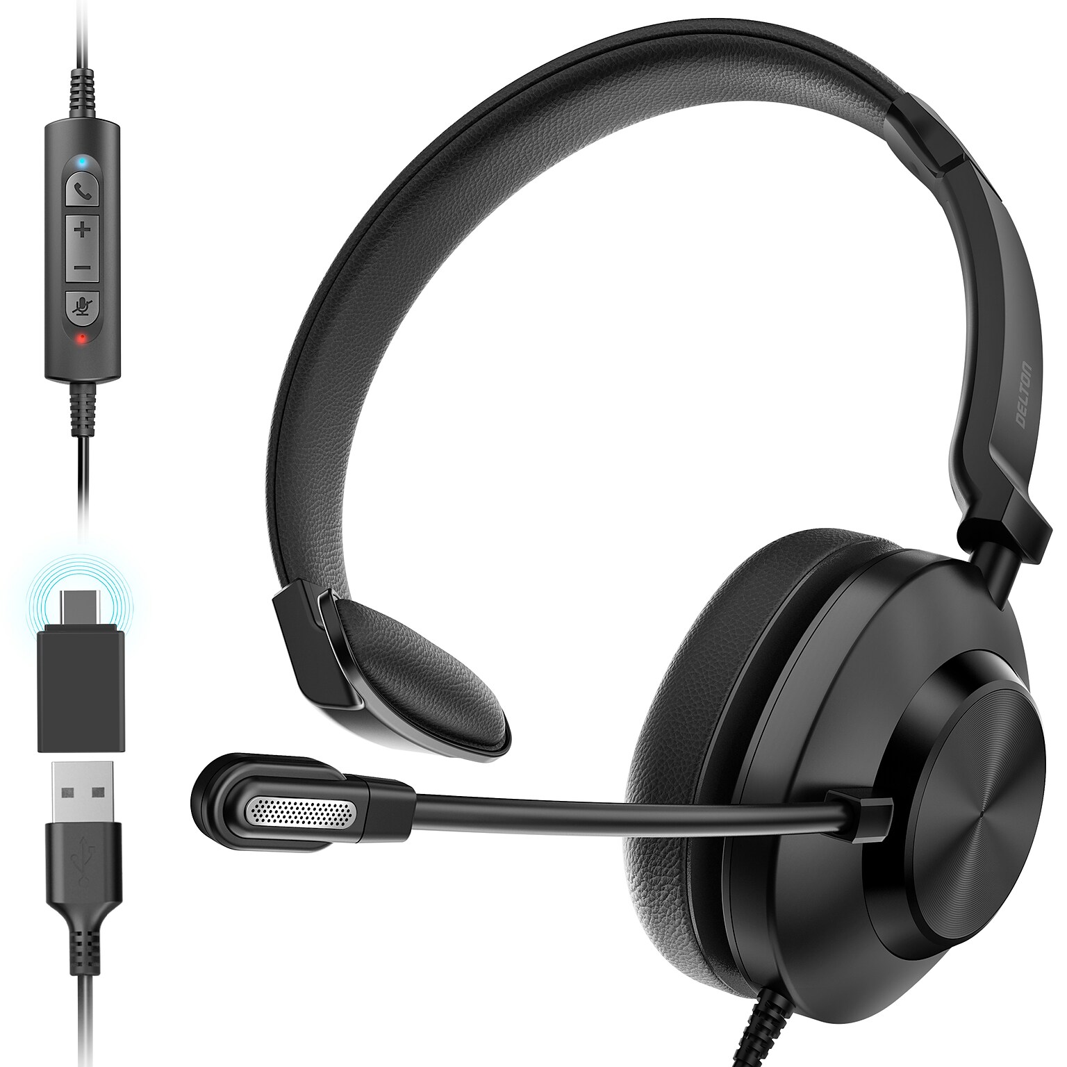 Delton 30Y MS Teams Noise-Canceling On-Ear Mono Computer Headset, USB Type-A & Type-C, Black (DWH30Y)