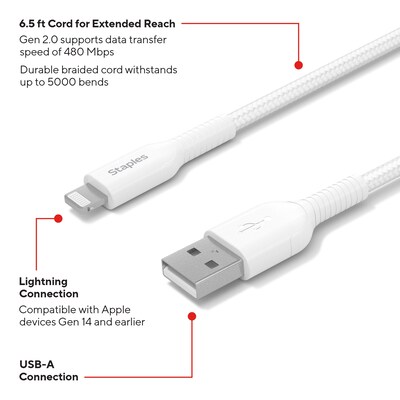 Staples TECH Lightning to USB-A Charging Cable, 6.6 ft., White (ST62331)