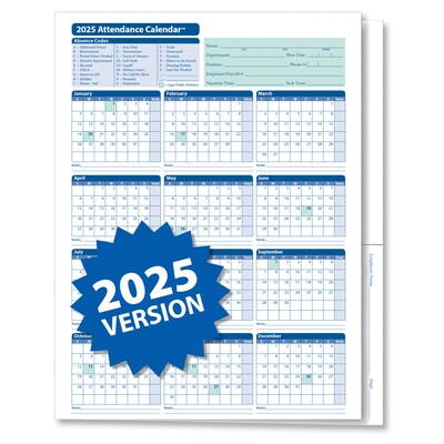 ComplyRight 2025 Attendance Calendar File Folder, 25 Forms/Pack (A3050)