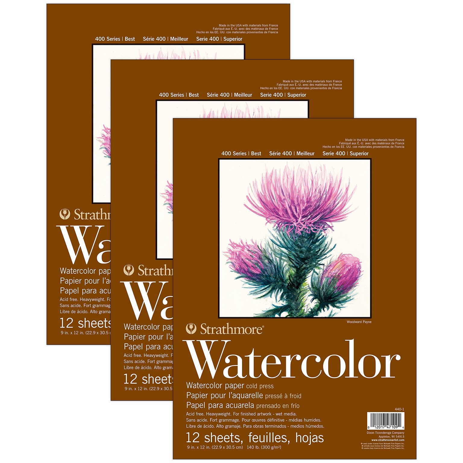 Strathmore 400 Series 9 x 12 Wire Bound Watercolor Sketch Pad, 12 Sheets/Pad, 3/Bundle (STTP440103-3)