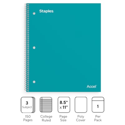 Staples Premium 3-Subject Notebook, 8.5" x 11", College Ruled, 150 Sheets, Teal (ST58316)
