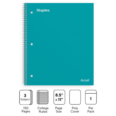 Staples Premium 3-Subject Notebook, 8.5 x 11, College Ruled, 150 Sheets, Teal (ST58316)